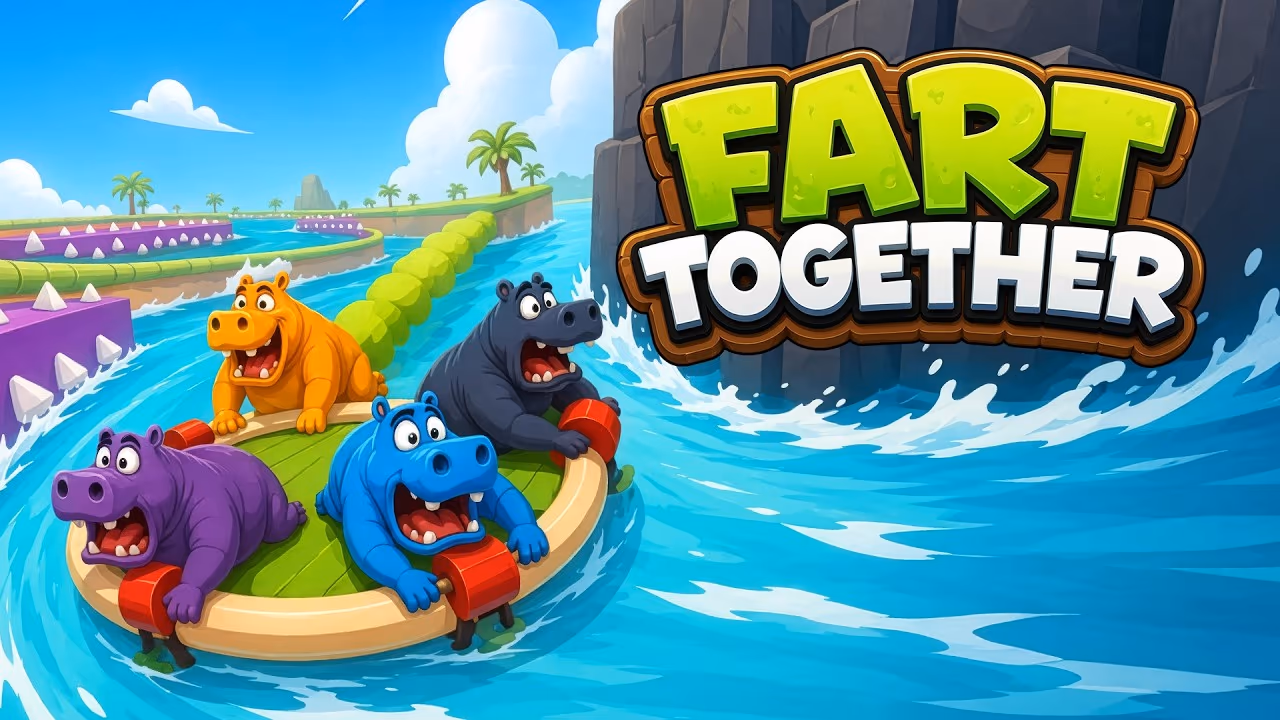 Official Fart Together trailer artwork with four hippos on a raft and large Fart Together lettering.