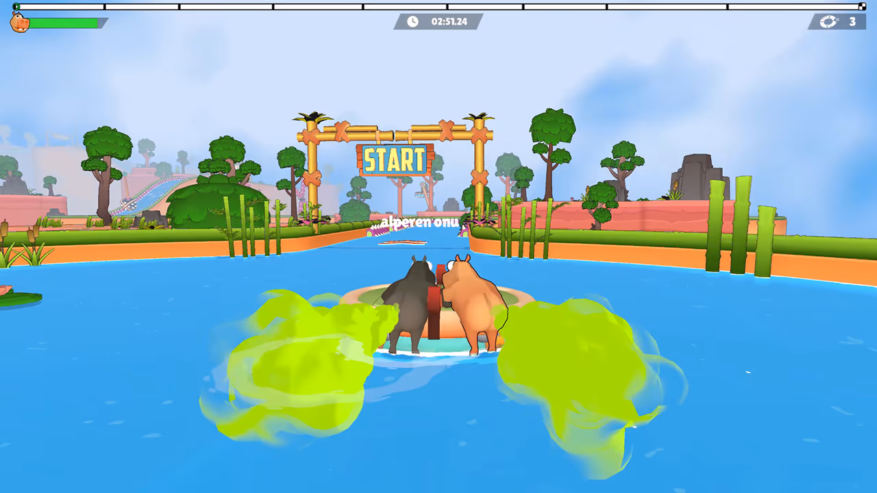 Hippos share a raft near a START arch on a water course.